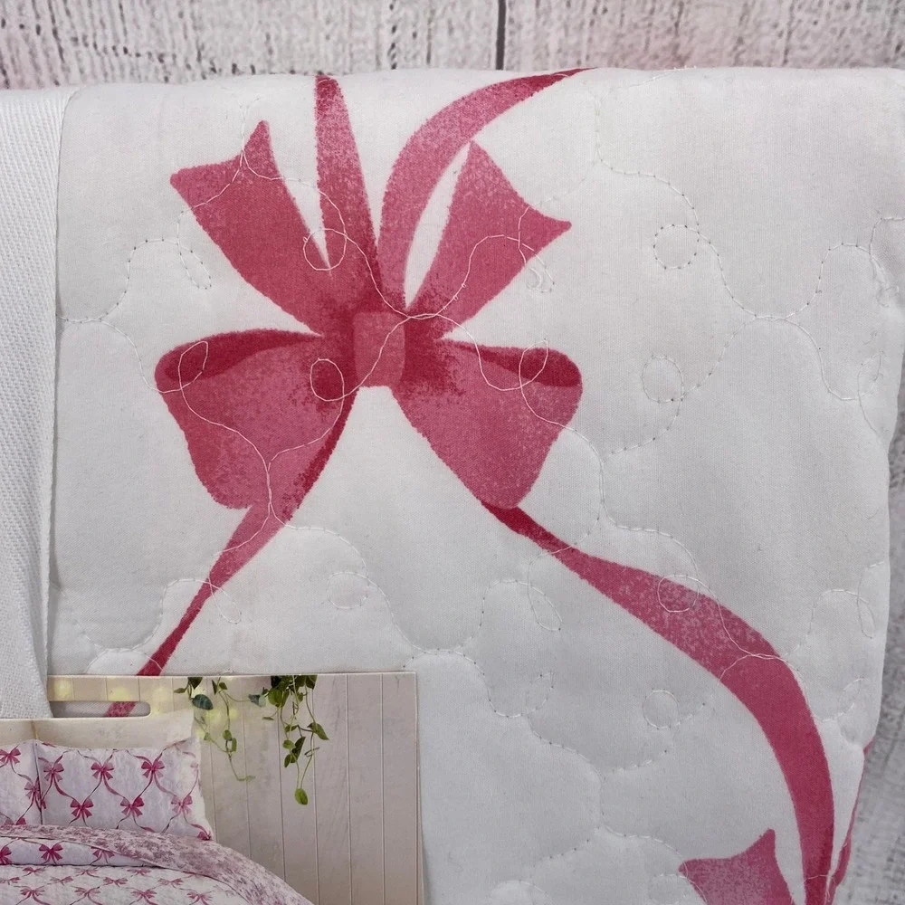 Modern Heirloom Abigail Bow Quilt Set Twin White Pink Ribbon Coquette Cottage